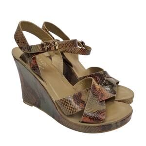 Kork-Ease Women's Shannon Snakeskin Leather Wedge Heel Sandals Tan Brown Size 10